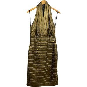 Tadashi Collection Metallic Bronze Plunging Halter Midi Cocktail Dress Size L